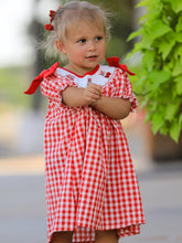 Load image into Gallery viewer, Red Cherry Bow Plaid Smocking Embroidery Girls'  Dress