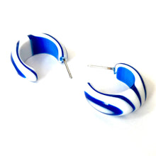 Load image into Gallery viewer, Sapphire Blue and White Stripe Bulb Agate Hoop Earrings