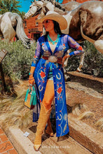 Load image into Gallery viewer, Plus Denim Blue Floral Spur Mesh Button Down Maxi Duster: XL