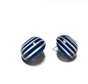 Navy Blue Striped Retro Button Stud Earrings