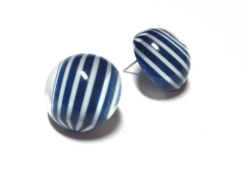 Navy Blue Striped Retro Button Stud Earrings